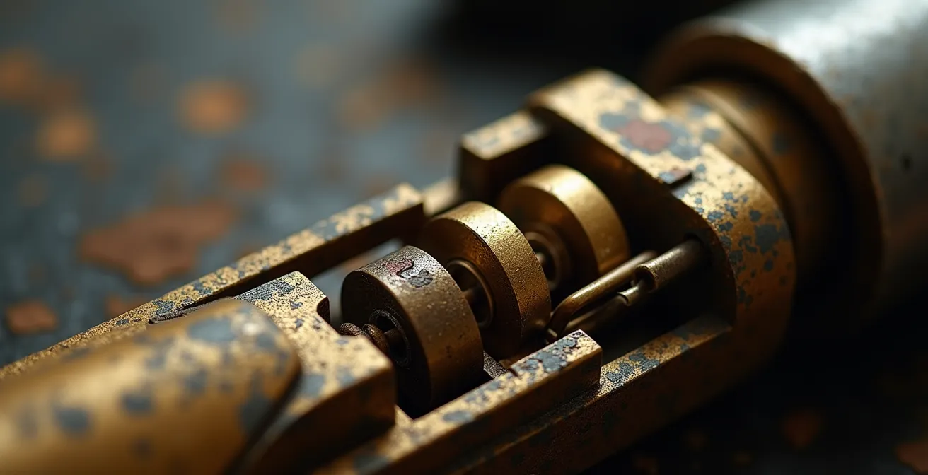 Détail en gros plan du mécanisme interne d'une serrure avec goupilles visibles