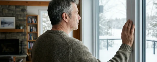 Propriétaire regardant par une fenêtre triple vitrage durant l'hiver québécois