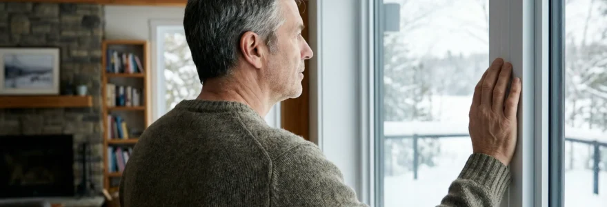 Propriétaire regardant par une fenêtre triple vitrage durant l'hiver québécois