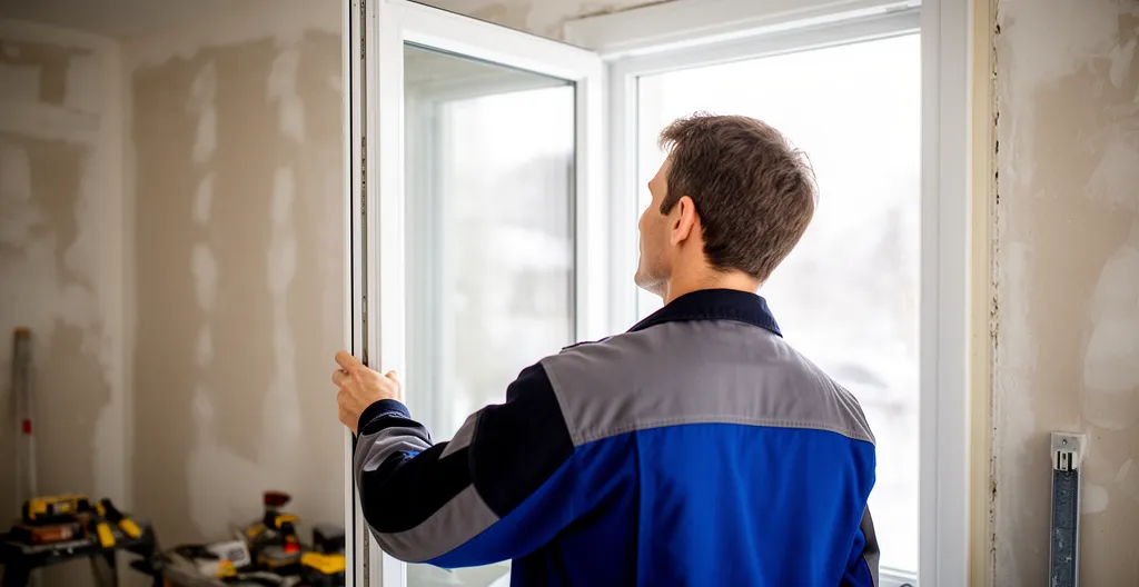 Technicien inspectant le cadre PVC multichambre d'une fenêtre résidentielle