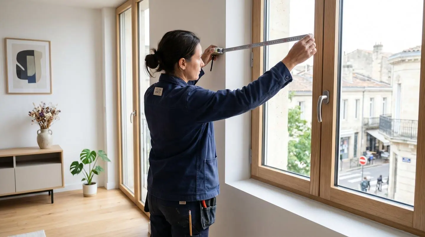 Artisan professionnel mesurant un encadrement de fenêtre avec un mètre ruban, photographié de profil dans un intérieur résidentiel français contemporain