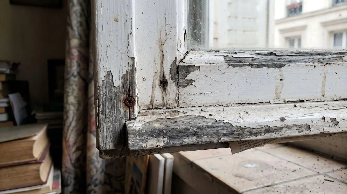 Vue en gros plan d'un dormant de fenêtre en bois montrant les détails de texture et les joints, avec un arrière-plan flouté