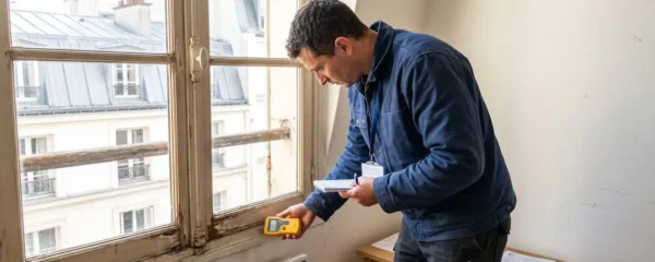 Professionnel du bâtiment inspectant de près un ancien dormant de fenêtre avant dépose, avec outils de diagnostic et carnet de notes, intérieur résidentiel français contemporain