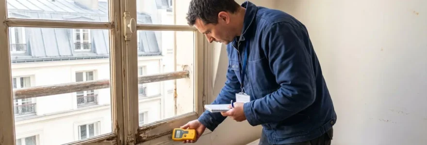 Professionnel du bâtiment inspectant de près un ancien dormant de fenêtre avant dépose, avec outils de diagnostic et carnet de notes, intérieur résidentiel français contemporain