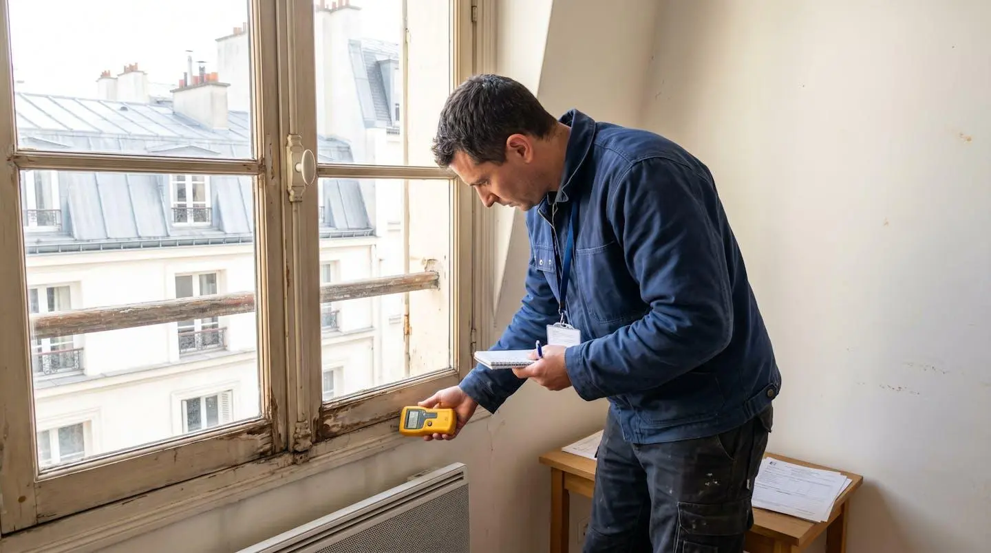 Professionnel du bâtiment inspectant de près un ancien dormant de fenêtre avant dépose, avec outils de diagnostic et carnet de notes, intérieur résidentiel français contemporain