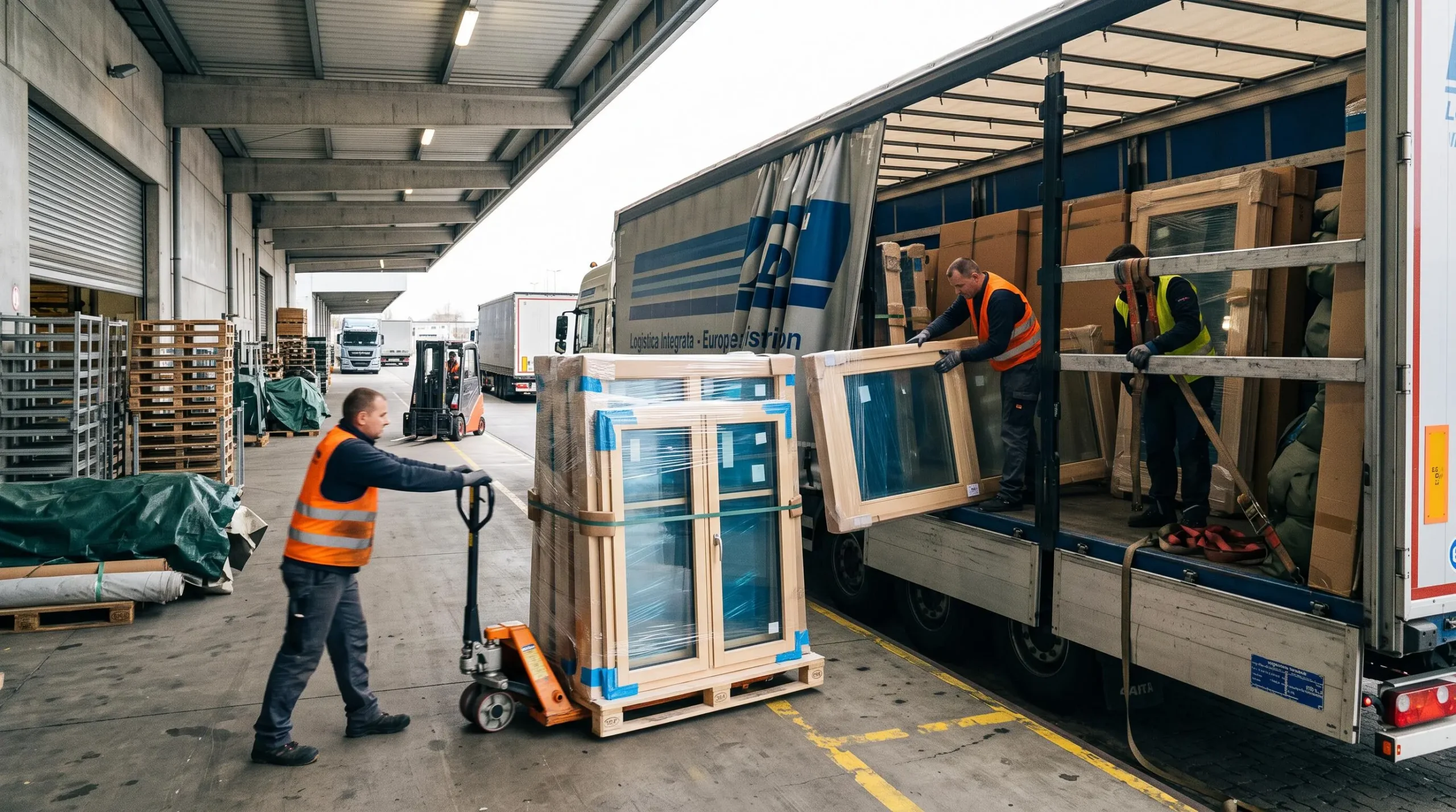Chargement de menuiseries sur mesure dans un camion de transport spécialisé avec emballage de protection