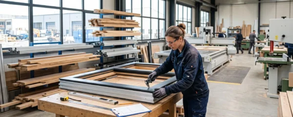 Technicien contrôlant la qualité d'une fenêtre sur mesure dans un atelier de menuiserie industrielle moderne