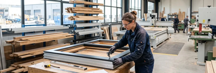 Technicien contrôlant la qualité d'une fenêtre sur mesure dans un atelier de menuiserie industrielle moderne