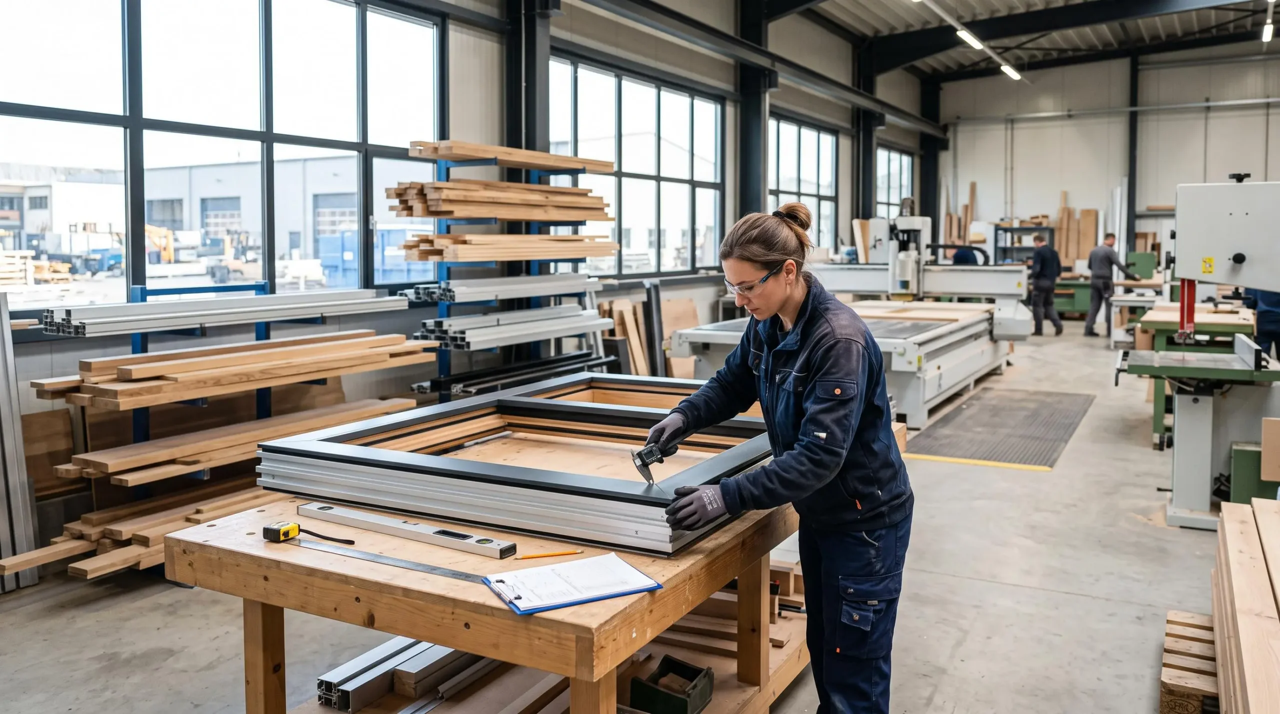 Technicien contrôlant la qualité d'une fenêtre sur mesure dans un atelier de menuiserie industrielle moderne