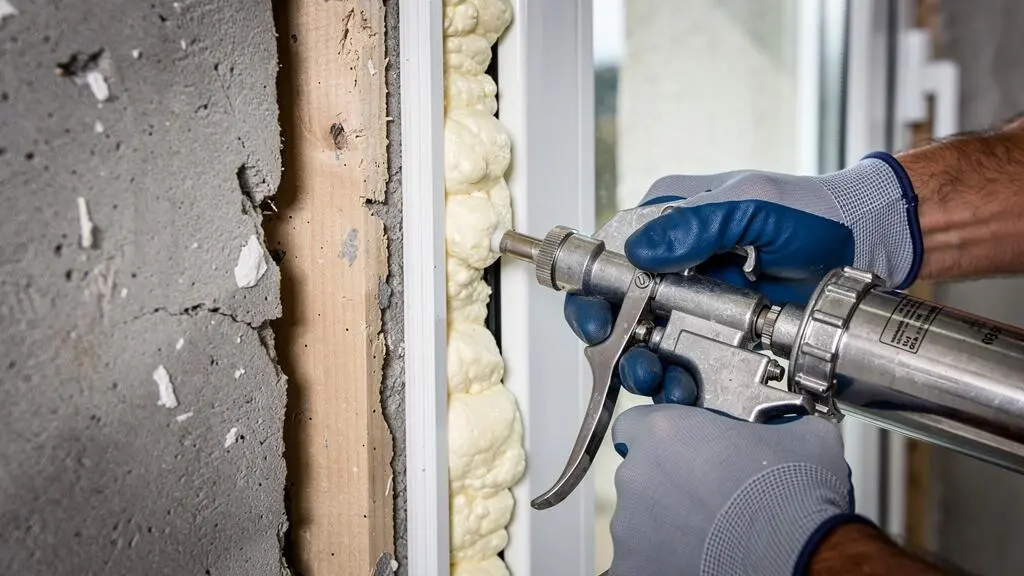 Gros plan sur des mains d'artisan appliquant de la mousse isolante entre le cadre d'une fenêtre et le mur