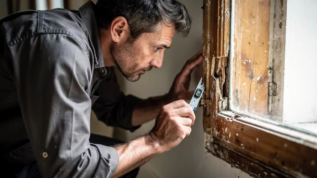 Un professionnel inspecte de près l'état d'une ancienne fenêtre en bois pour évaluer les besoins de rénovation