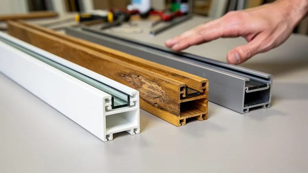 Trois échantillons de profilés de fenêtres en PVC blanc, bois naturel et aluminium gris disposés côte à côte pour comparaison