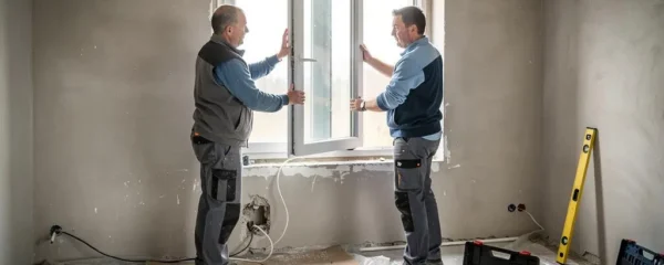 Deux artisans installent une fenêtre PVC dans une ouverture murale lors d'un chantier de rénovation résidentielle