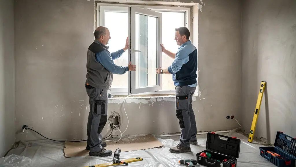 Deux artisans installent une fenêtre PVC dans une ouverture murale lors d'un chantier de rénovation résidentielle